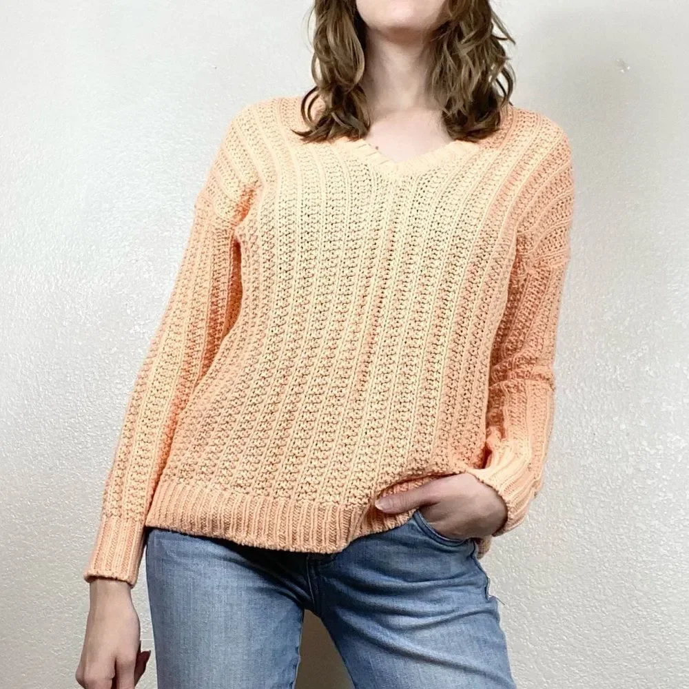 Lucky Brand Peachy Orange Ribbed Knit V Neck Sweater Size S